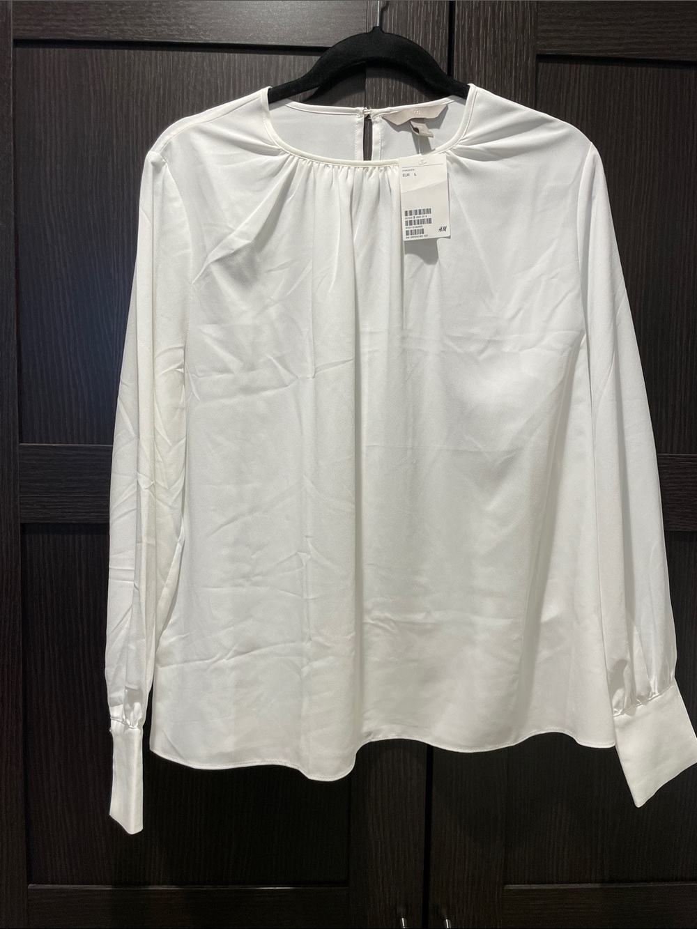 H&M White Long-Sleeve Gathered-Neck Blouse